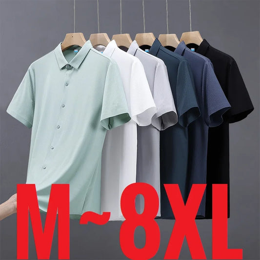 Ice Silk Shirts Man Short Sleeve Top Male Quick Dry Cool Classic Big Size 5XL 6XL 7XL 8XL Large Plus Loose Summer Social Blouse